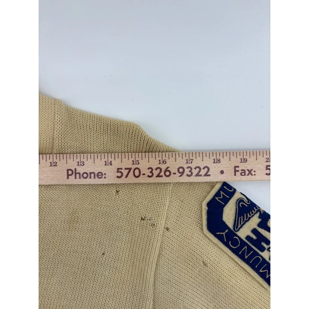 Varsity Natch Cardigan Sweater Mens Beige Wool Muncy Creek Patch 40 Vintage